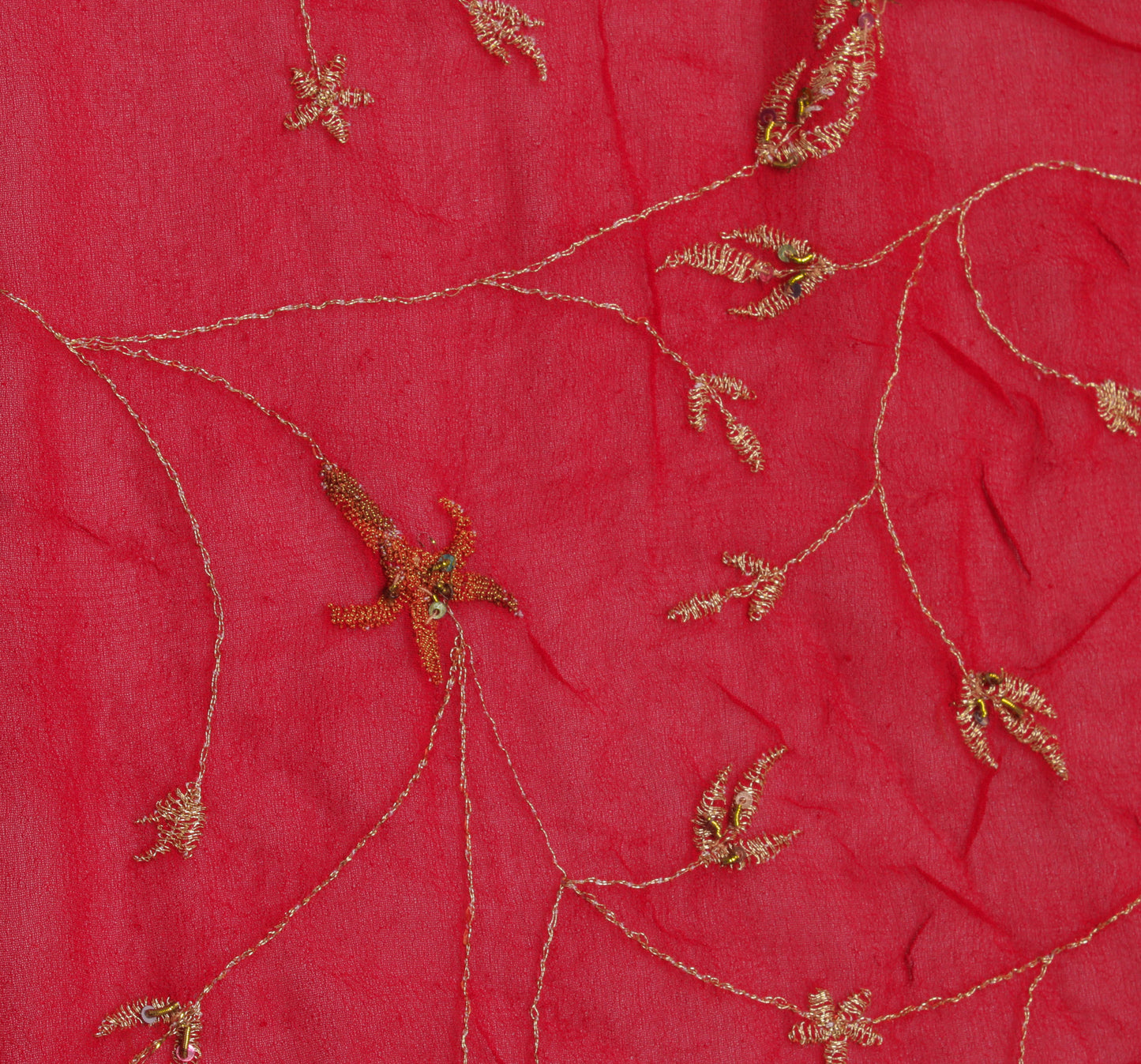 Sushila Vintage Red Sari Remnant Scrap Pure Georgette Embroidered Craft Fabric