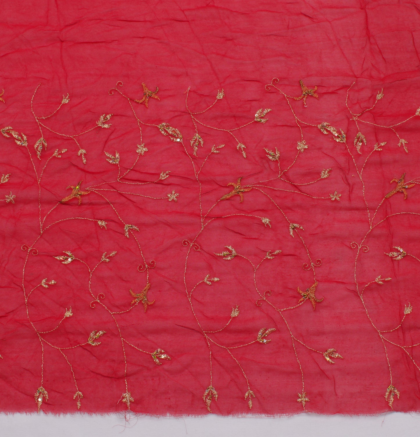 Sushila Vintage Red Sari Remnant Scrap Pure Georgette Embroidered Craft Fabric