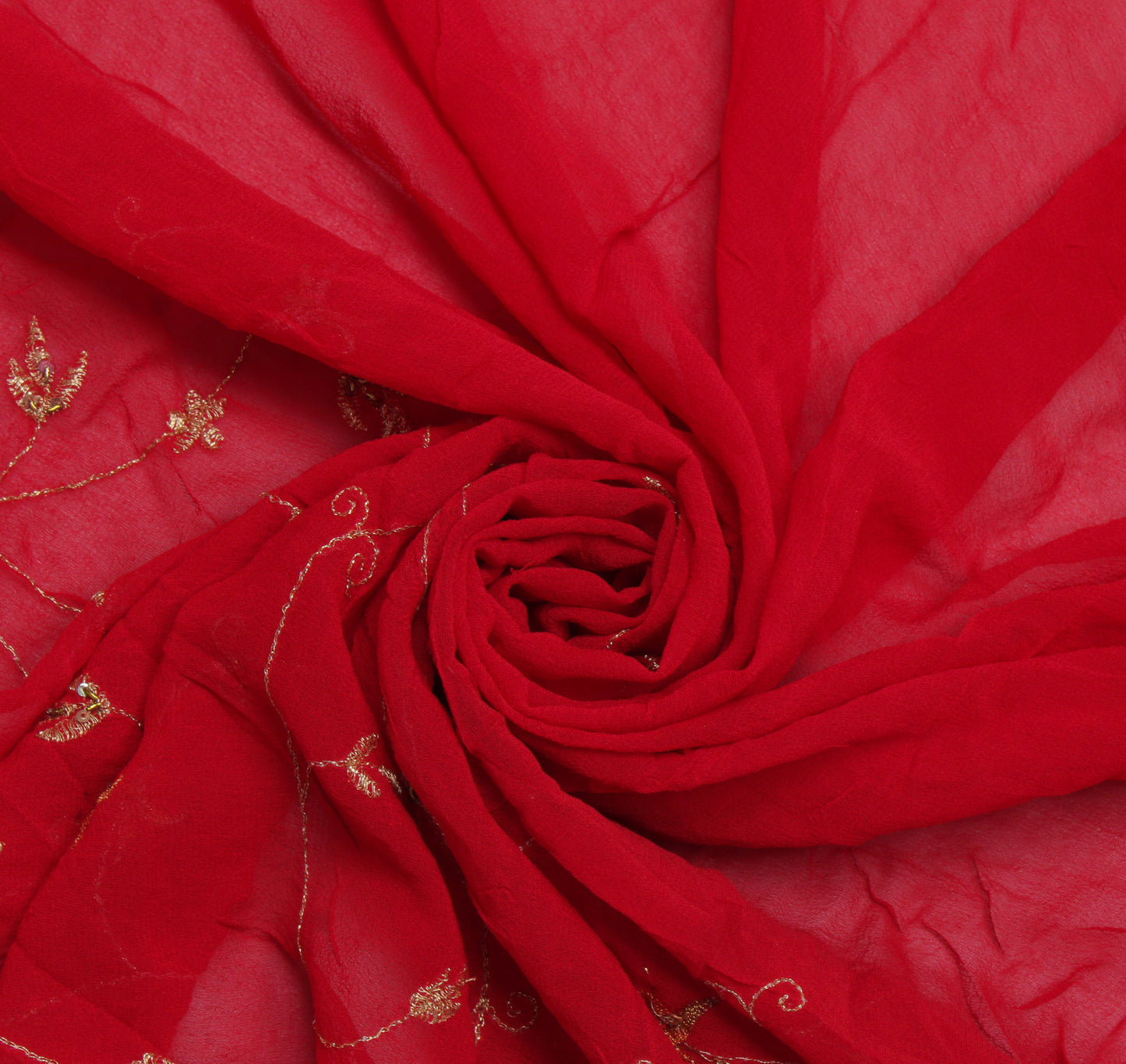 Sushila Vintage Red Sari Remnant Scrap Pure Georgette Embroidered Craft Fabric