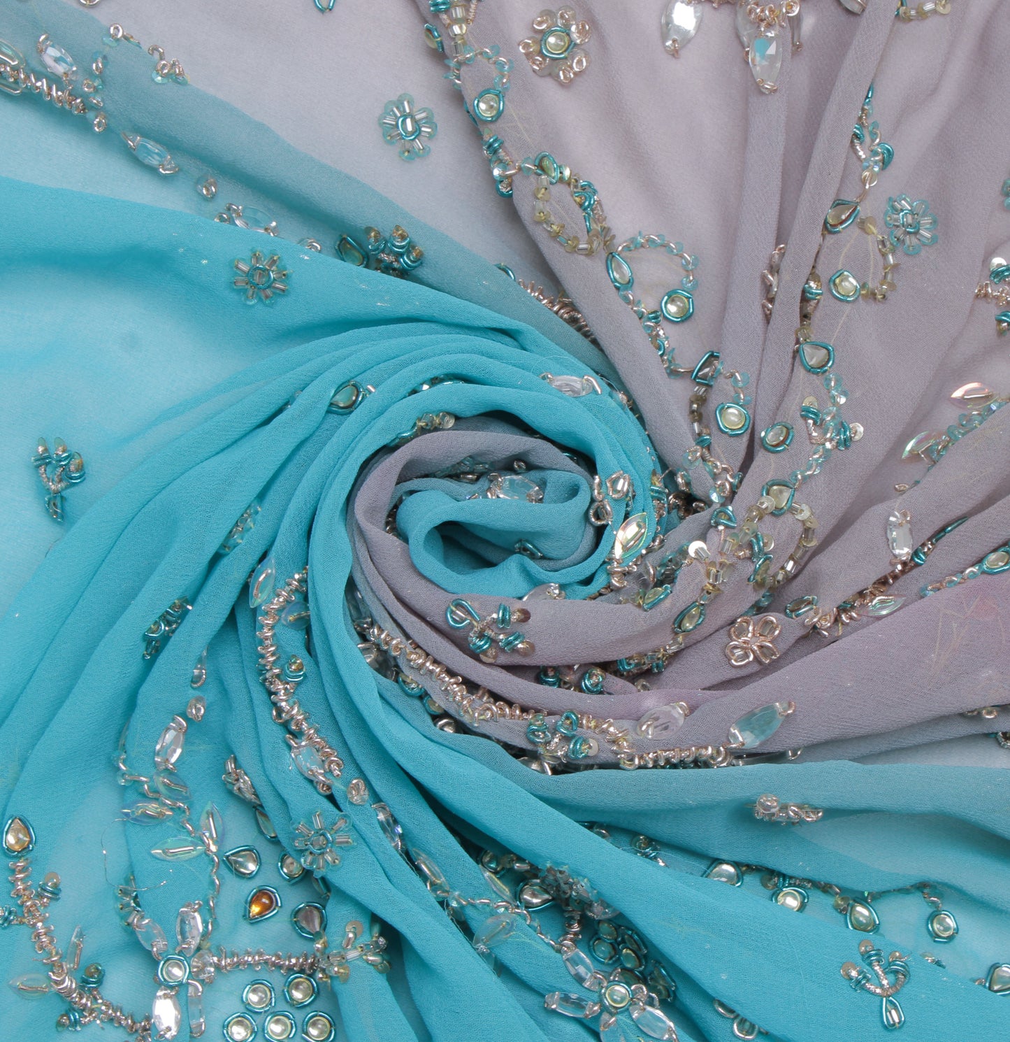 Sushila Vintage Sari Remnant Scrap Blend Georgette Silk Hand Beaded Craft Fabric