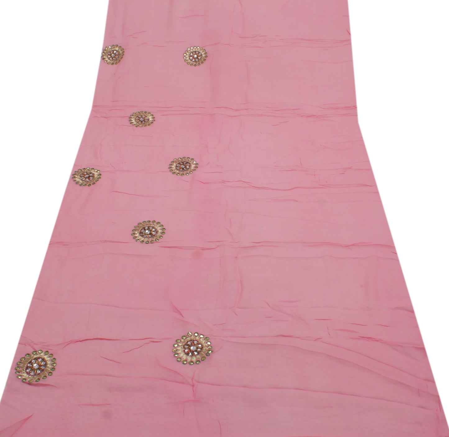 Sushila Vintage Peach Sari Remnant Scrap Pure Georgette Embroidered Craft Fabric