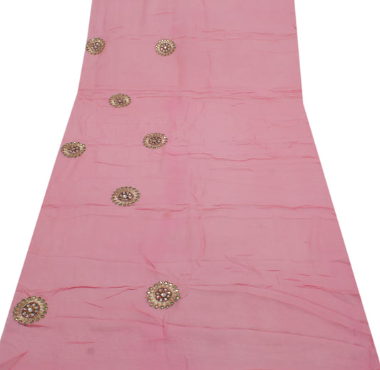 Sushila Vintage Peach Sari Remnant Scrap Pure Georgette Embroidered Craft Fabric