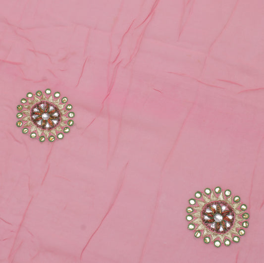 Sushila Vintage Peach Sari Remnant Scrap Pure Georgette Embroidered Craft Fabric