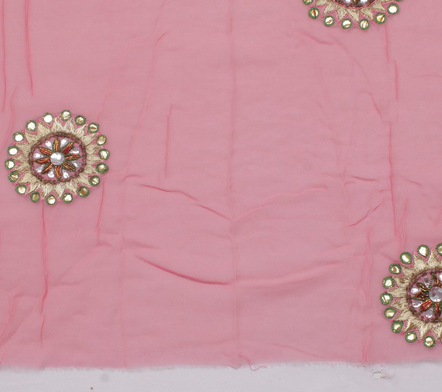 Sushila Vintage Peach Sari Remnant Scrap Pure Georgette Embroidered Craft Fabric