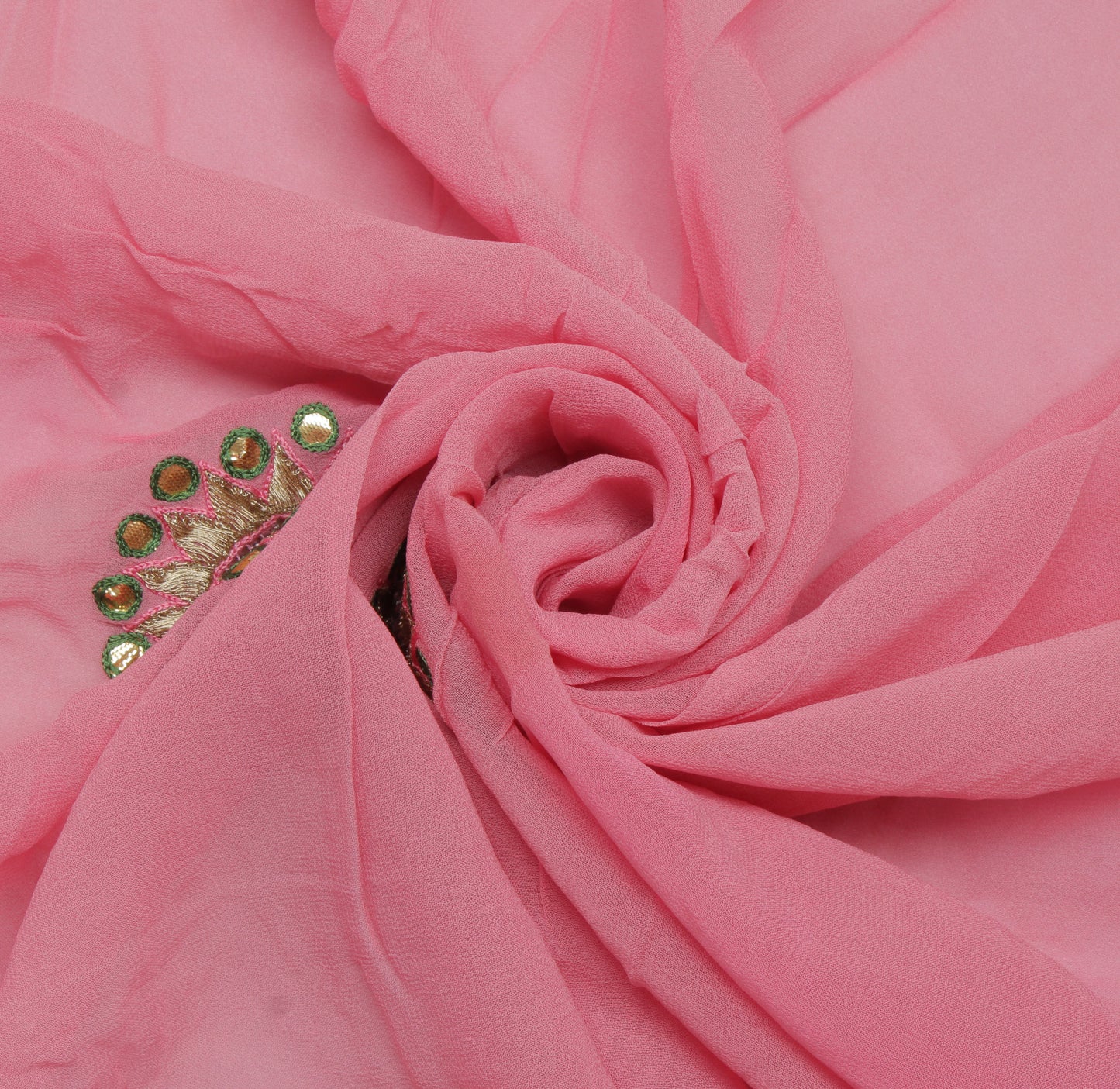 Sushila Vintage Peach Sari Remnant Scrap Pure Georgette Embroidered Craft Fabric