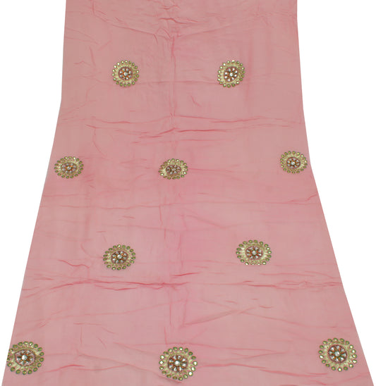 Sushila Vintage Pink Sari Remnant Scrap Pure Georgette Hand Beaded Craft Fabric