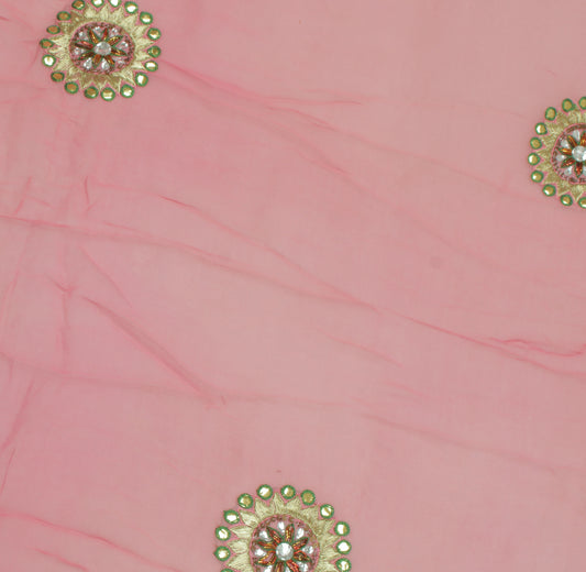 Sushila Vintage Pink Sari Remnant Scrap Pure Georgette Hand Beaded Craft Fabric