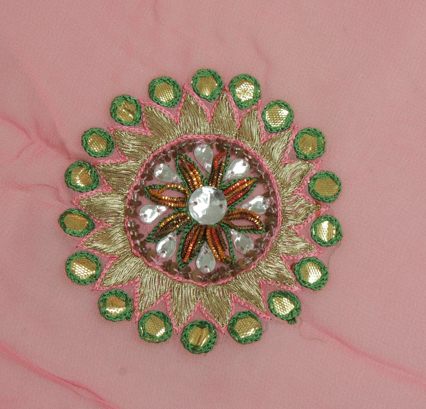 Sushila Vintage Pink Sari Remnant Scrap Pure Georgette Hand Beaded Craft Fabric