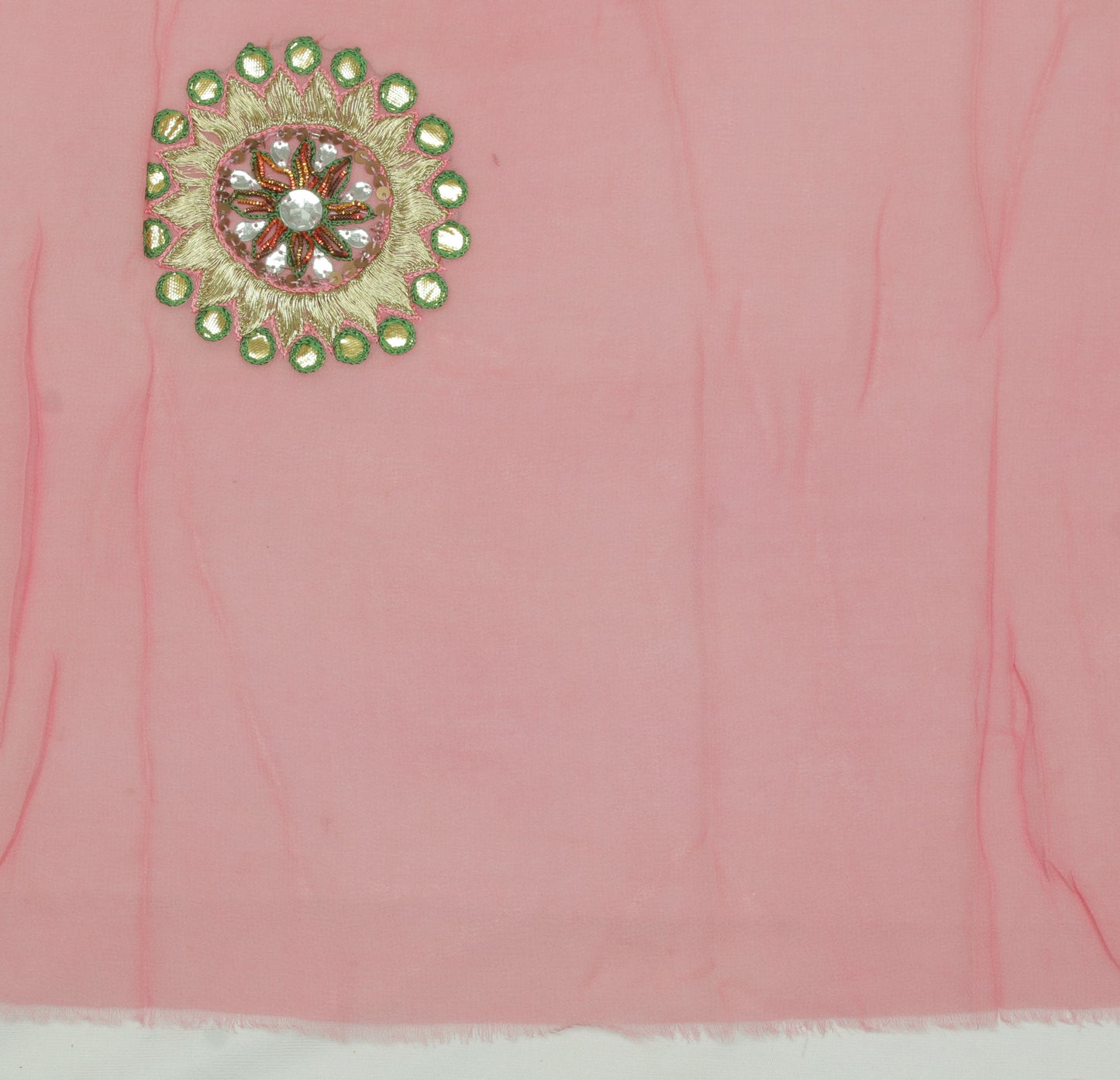 Sushila Vintage Pink Sari Remnant Scrap Pure Georgette Hand Beaded Craft Fabric