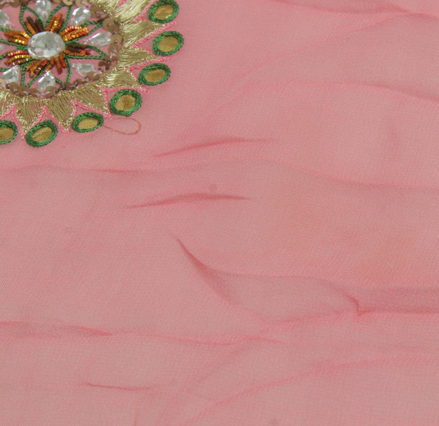 Sushila Vintage Pink Sari Remnant Scrap Pure Georgette Hand Beaded Craft Fabric