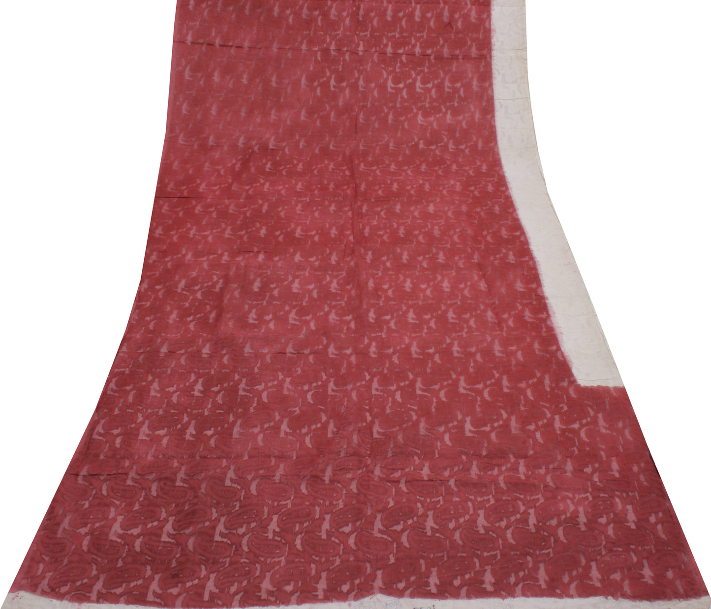 Sushila Vintage Maroon Indian Sari Remnant Scrap Pure Cotton Woven Craft Fabric