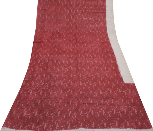 Sushila Vintage Maroon Indian Sari Remnant Scrap Pure Cotton Woven Craft Fabric