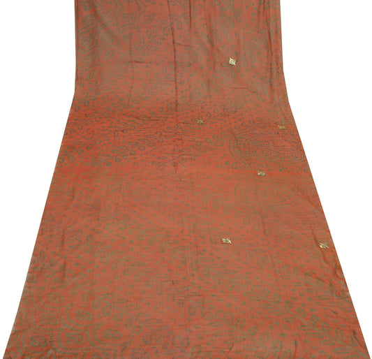 Sushila Vintage Rust Sari Remnant Scrap Pure Georgette Silk Printed Craft Fabric