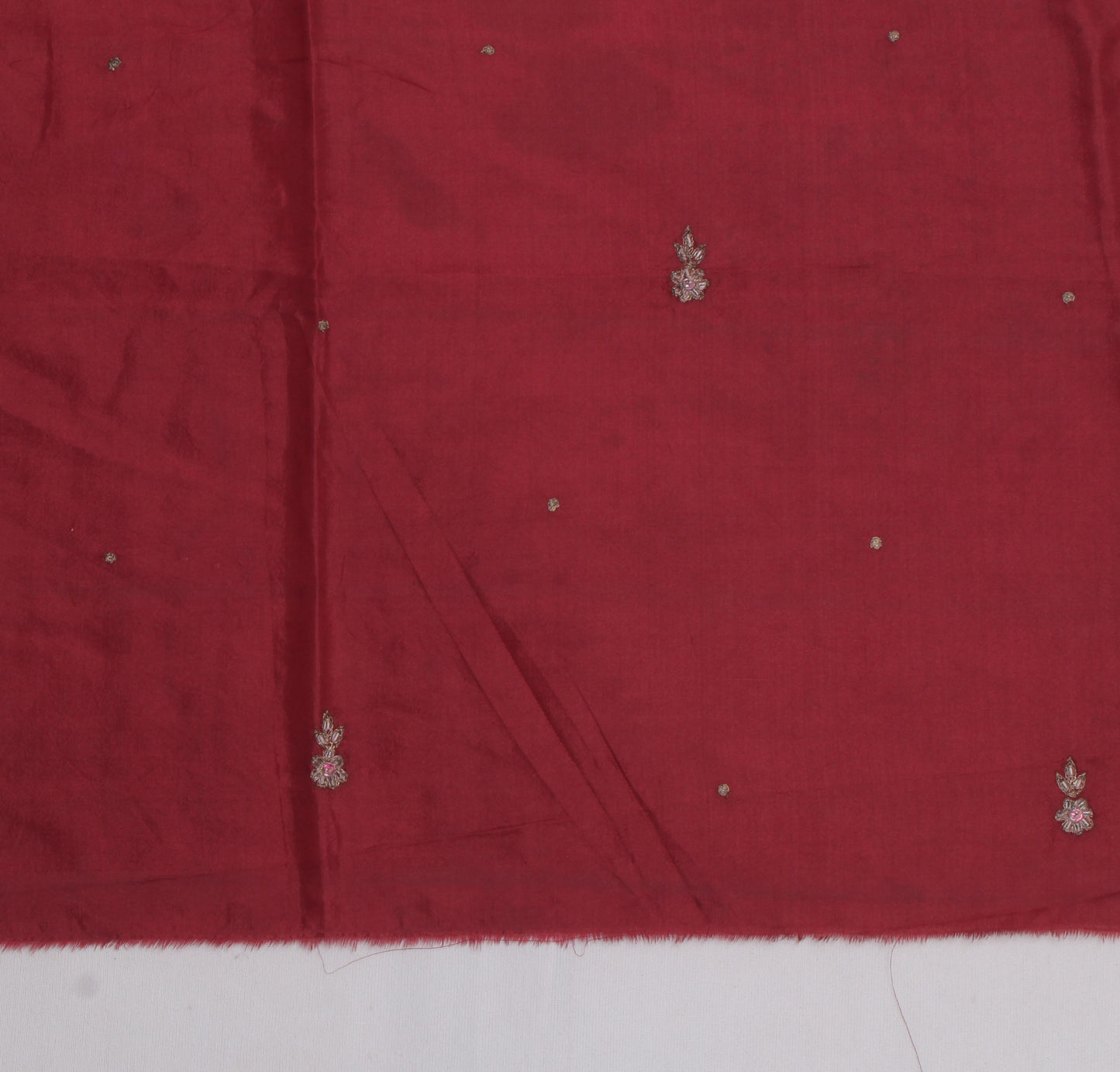 Sushila Vintage Maroon Sari Remnant Scrap Pure Silk Hand Beaded Craft Fabric