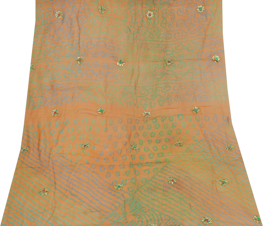 Sushila Vintage Rust Sari Remnant Scrap Pure Georgette Hand Beaded Craft Fabric