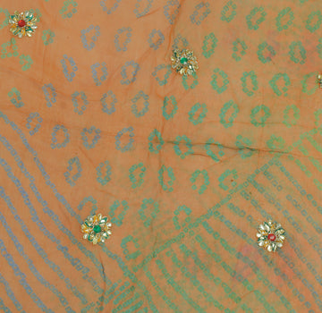 Sushila Vintage Rust Sari Remnant Scrap Pure Georgette Hand Beaded Craft Fabric