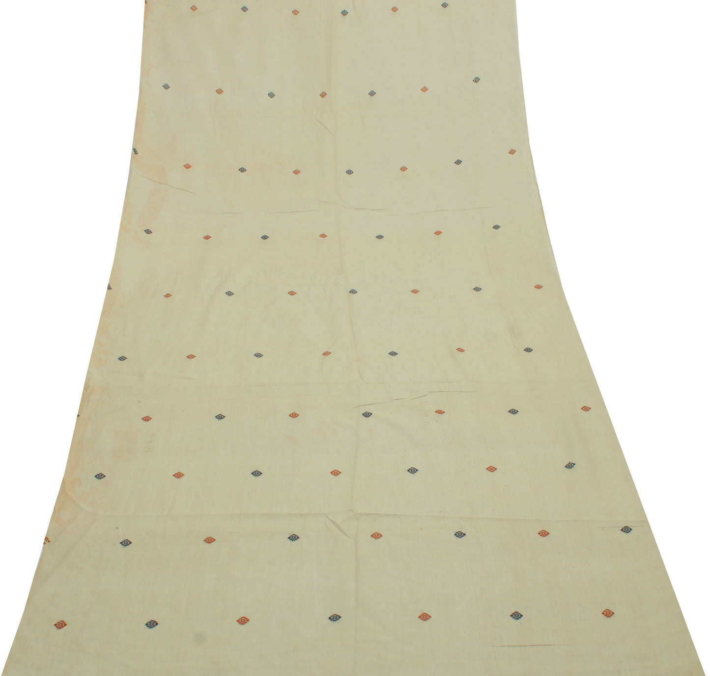 Sushila Vintage Cream Sari Remnant Scrap Pure Cotton Woven Floral Craft Fabric
