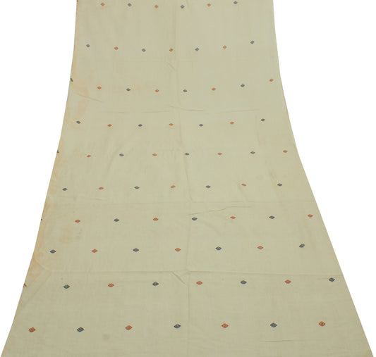 Sushila Vintage Cream Sari Remnant Scrap Pure Cotton Woven Floral Craft Fabric