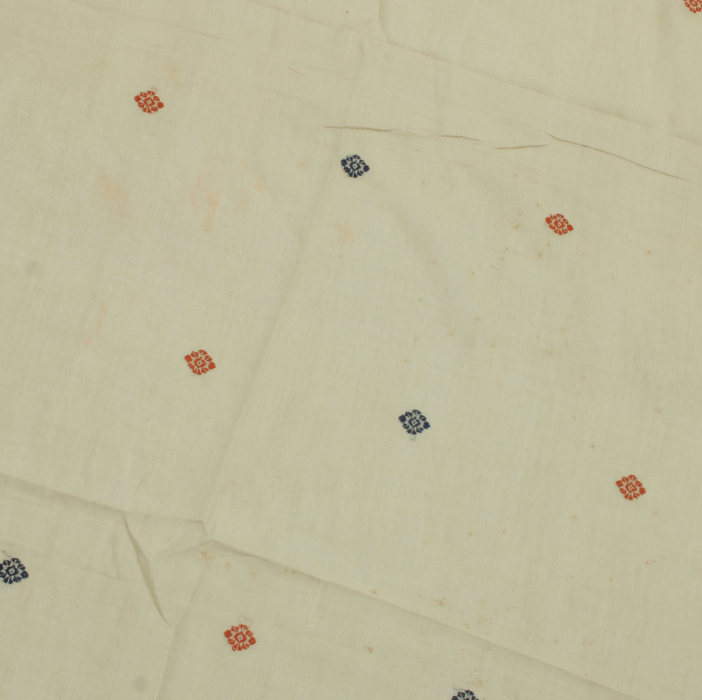 Sushila Vintage Cream Sari Remnant Scrap Pure Cotton Woven Floral Craft Fabric
