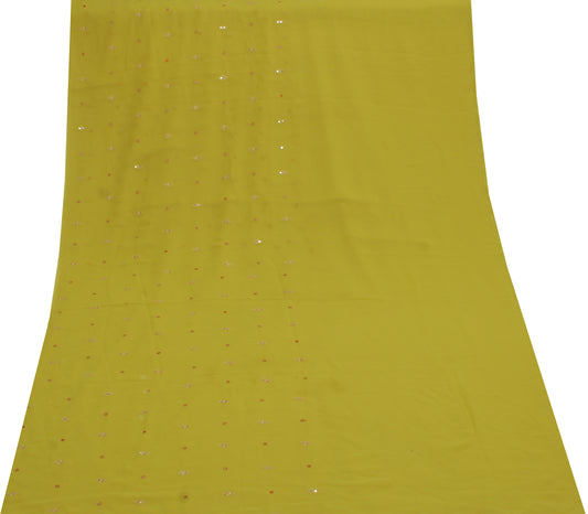Sushila Vintage Green Sari Remnant Scrap Blend Georgette Embroidered Fabric