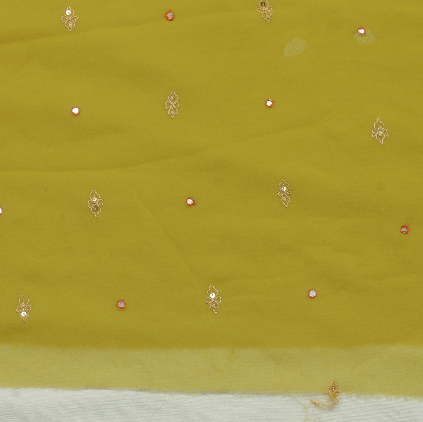 Sushila Vintage Green Sari Remnant Scrap Blend Georgette Embroidered Fabric