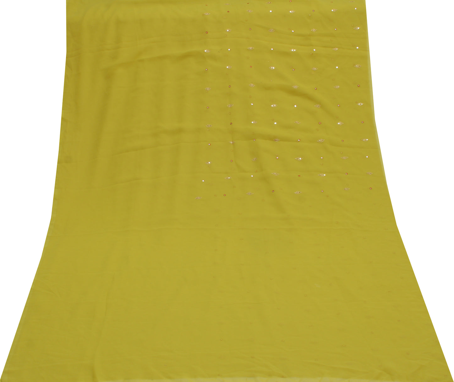 Sushila Vintage Green Sari Remnant Scrap Blend Georgette Embroidered Fabric