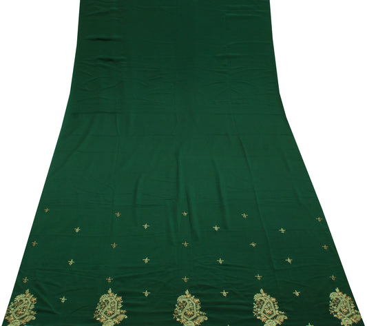 Sushila Vintage Green Sari Remnant Scrap Blend Crepe Embroidered Craft Fabric