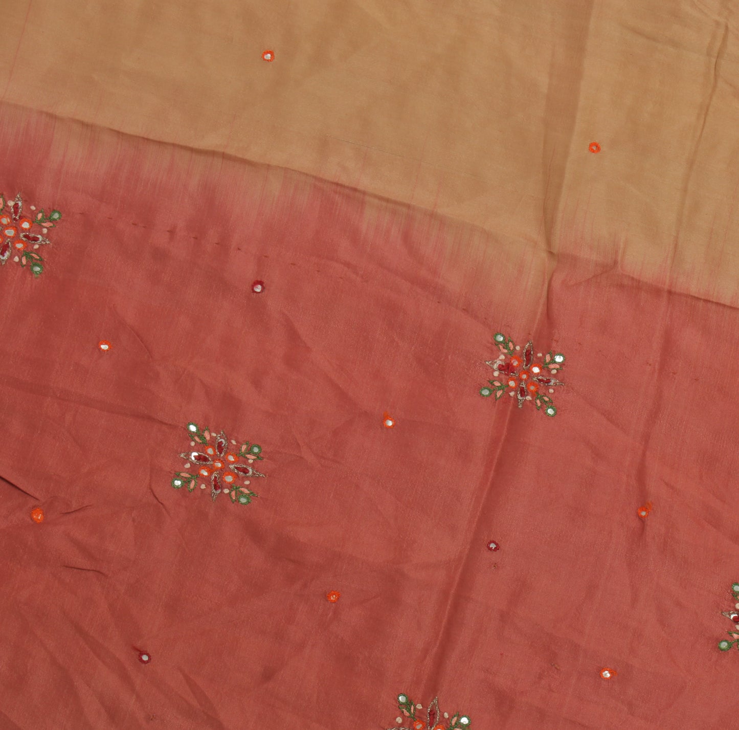 Sushila Vintage Brown Sari Remnant Scrap Pure Silk Hand Embroidered Craft Fabric