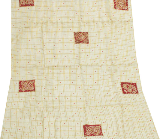 Sushila Vintage Cream Sari Remnant Scrap 100% Pure Silk Hand Beaded Craft Fabric