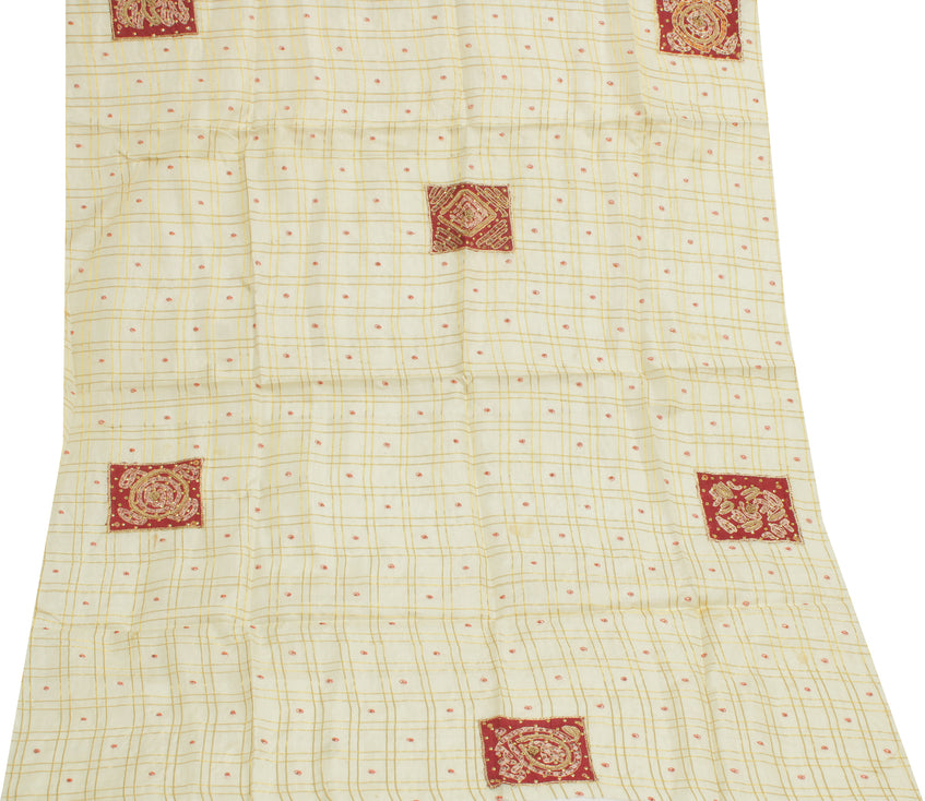 Sushila Vintage Cream Sari Remnant Scrap 100% Pure Silk Hand Beaded Craft Fabric