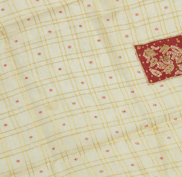Sushila Vintage Cream Sari Remnant Scrap 100% Pure Silk Hand Beaded Craft Fabric