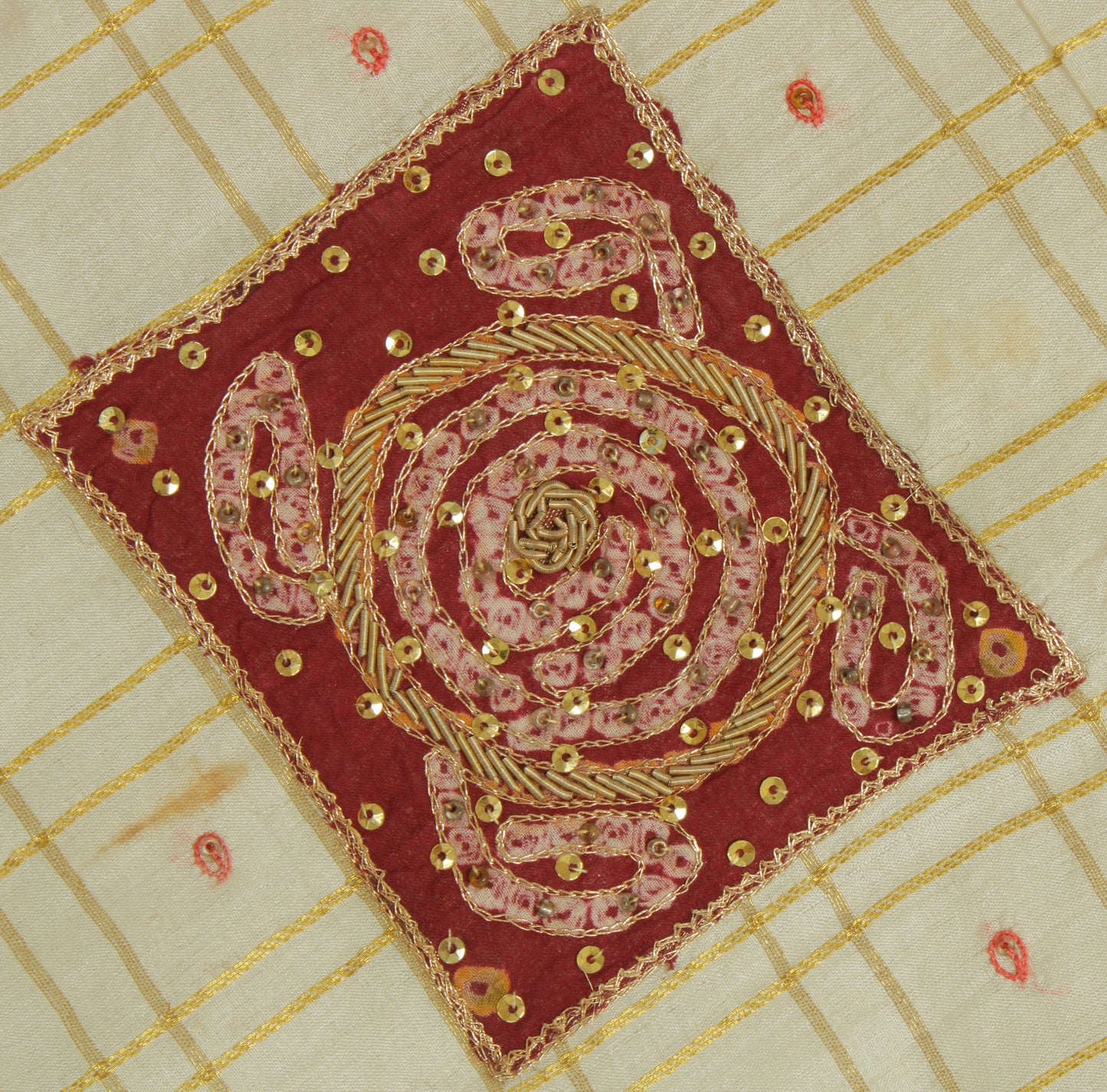 Sushila Vintage Cream Sari Remnant Scrap 100% Pure Silk Hand Beaded Craft Fabric