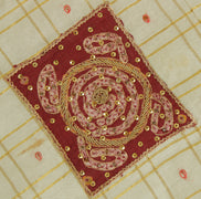 Sushila Vintage Cream Sari Remnant Scrap 100% Pure Silk Hand Beaded Craft Fabric