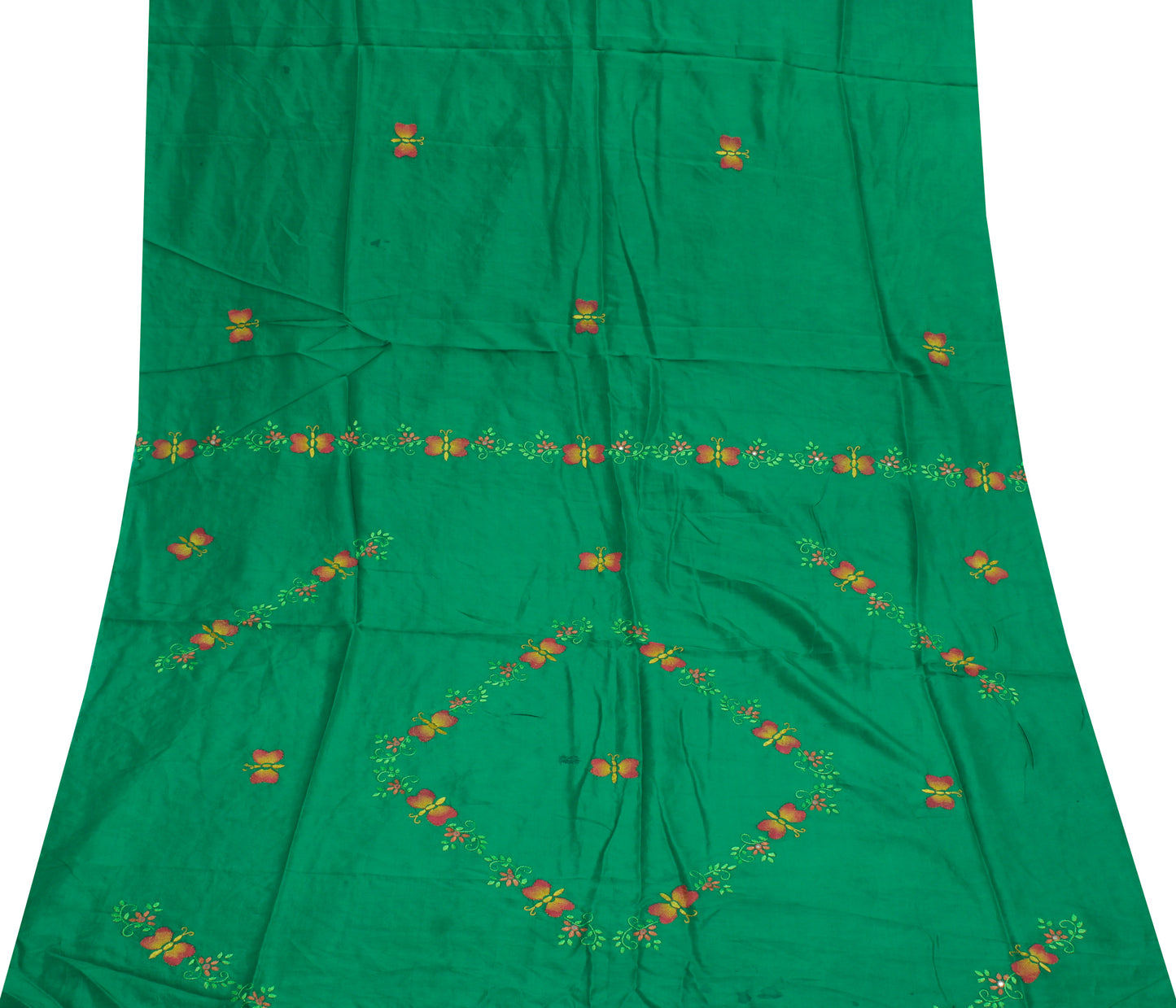 Sushila Vintage Green Sari Remnant Scrap 100% Pure Silk Embroidered Craft Fabric