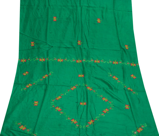 Sushila Vintage Green Sari Remnant Scrap 100% Pure Silk Embroidered Craft Fabric