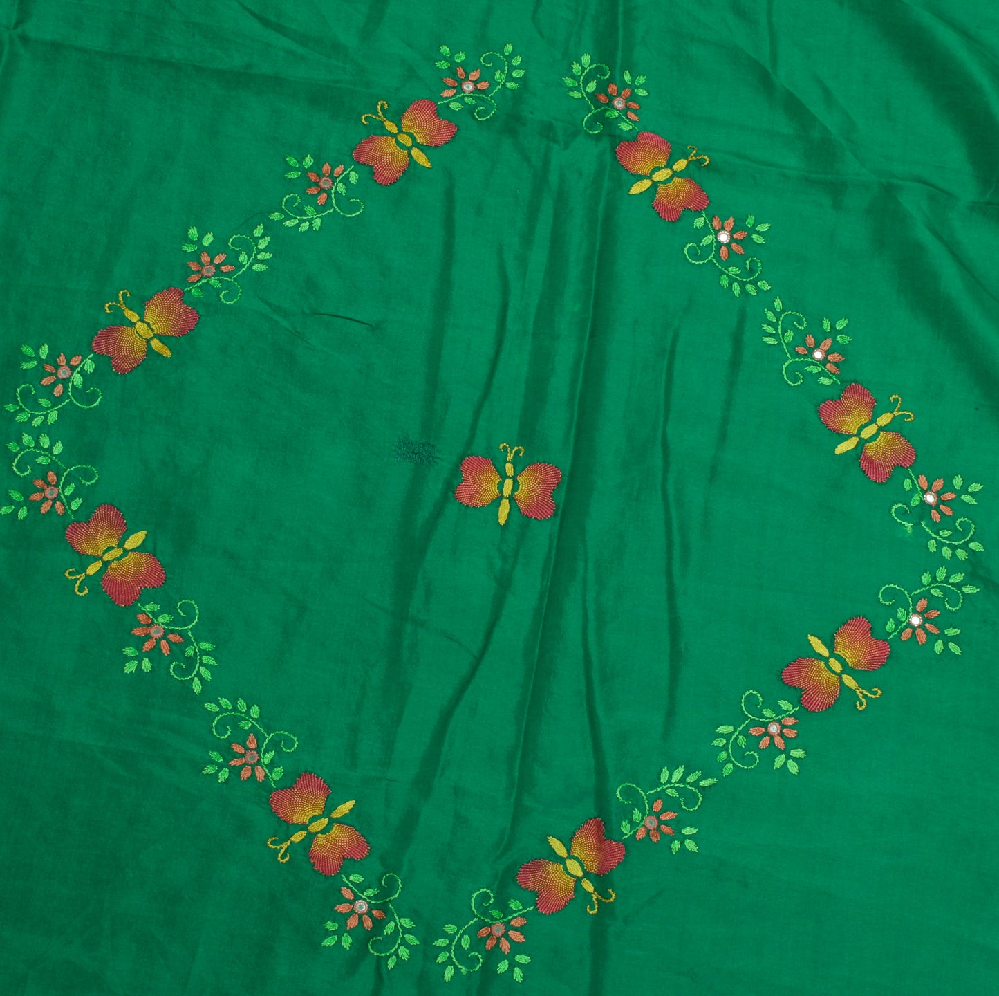 Sushila Vintage Green Sari Remnant Scrap 100% Pure Silk Embroidered Craft Fabric