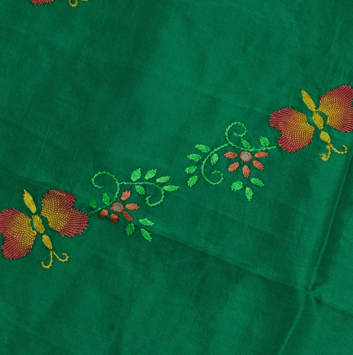 Sushila Vintage Green Sari Remnant Scrap 100% Pure Silk Embroidered Craft Fabric
