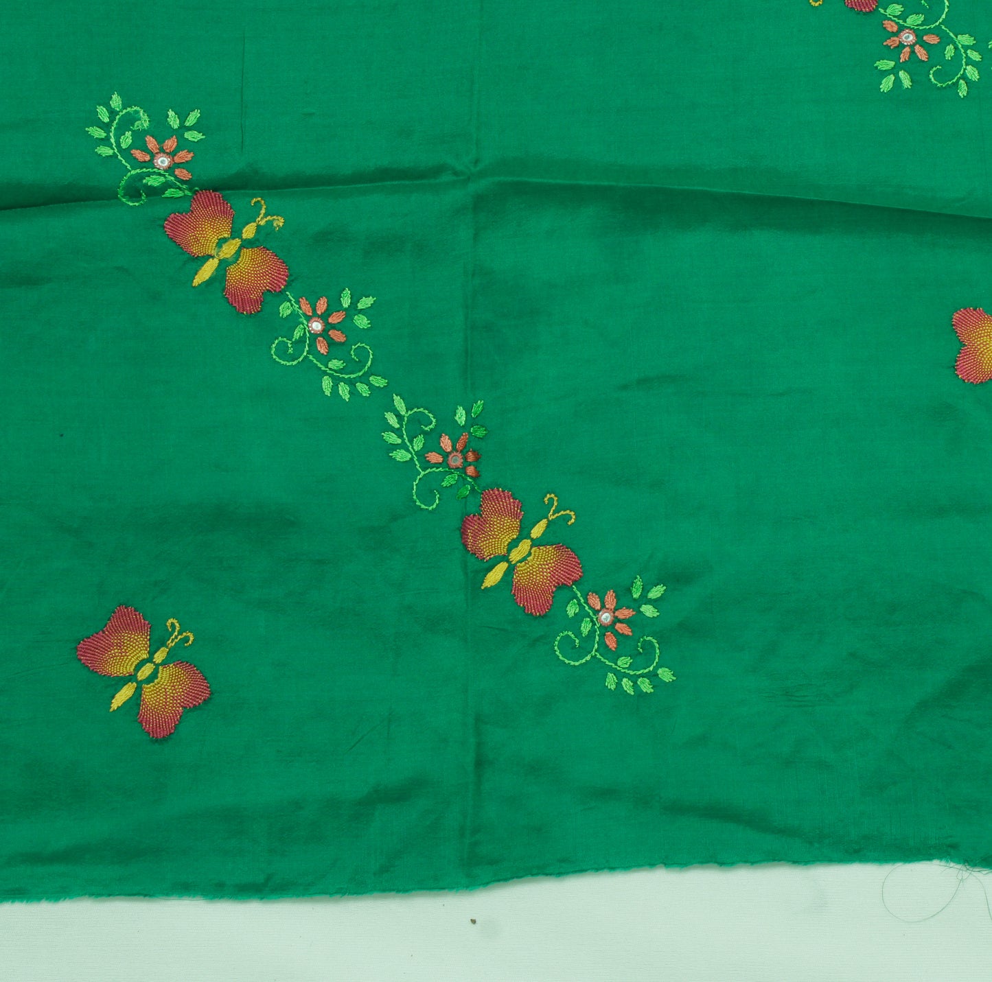 Sushila Vintage Green Sari Remnant Scrap 100% Pure Silk Embroidered Craft Fabric
