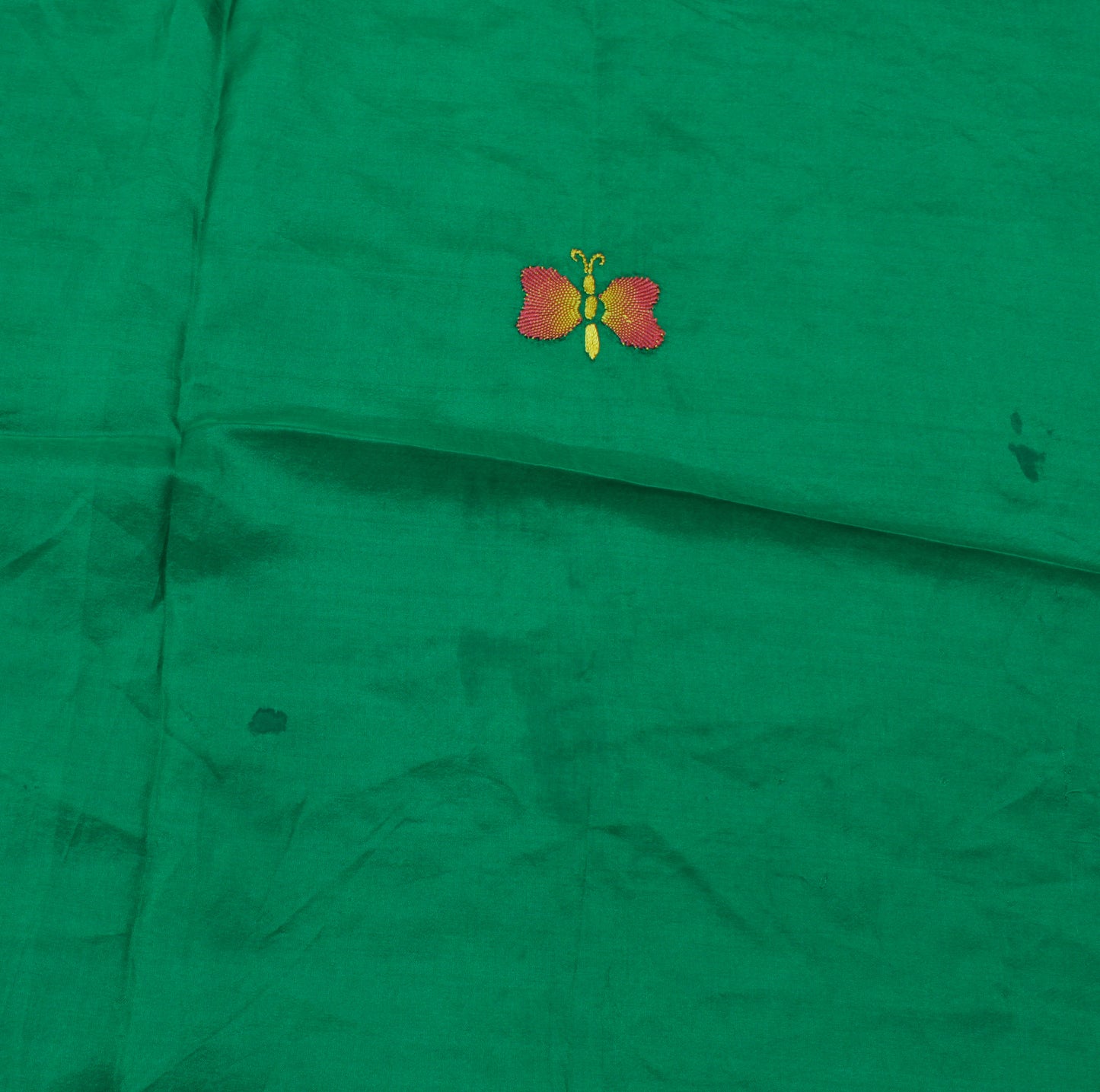 Sushila Vintage Green Sari Remnant Scrap 100% Pure Silk Embroidered Craft Fabric