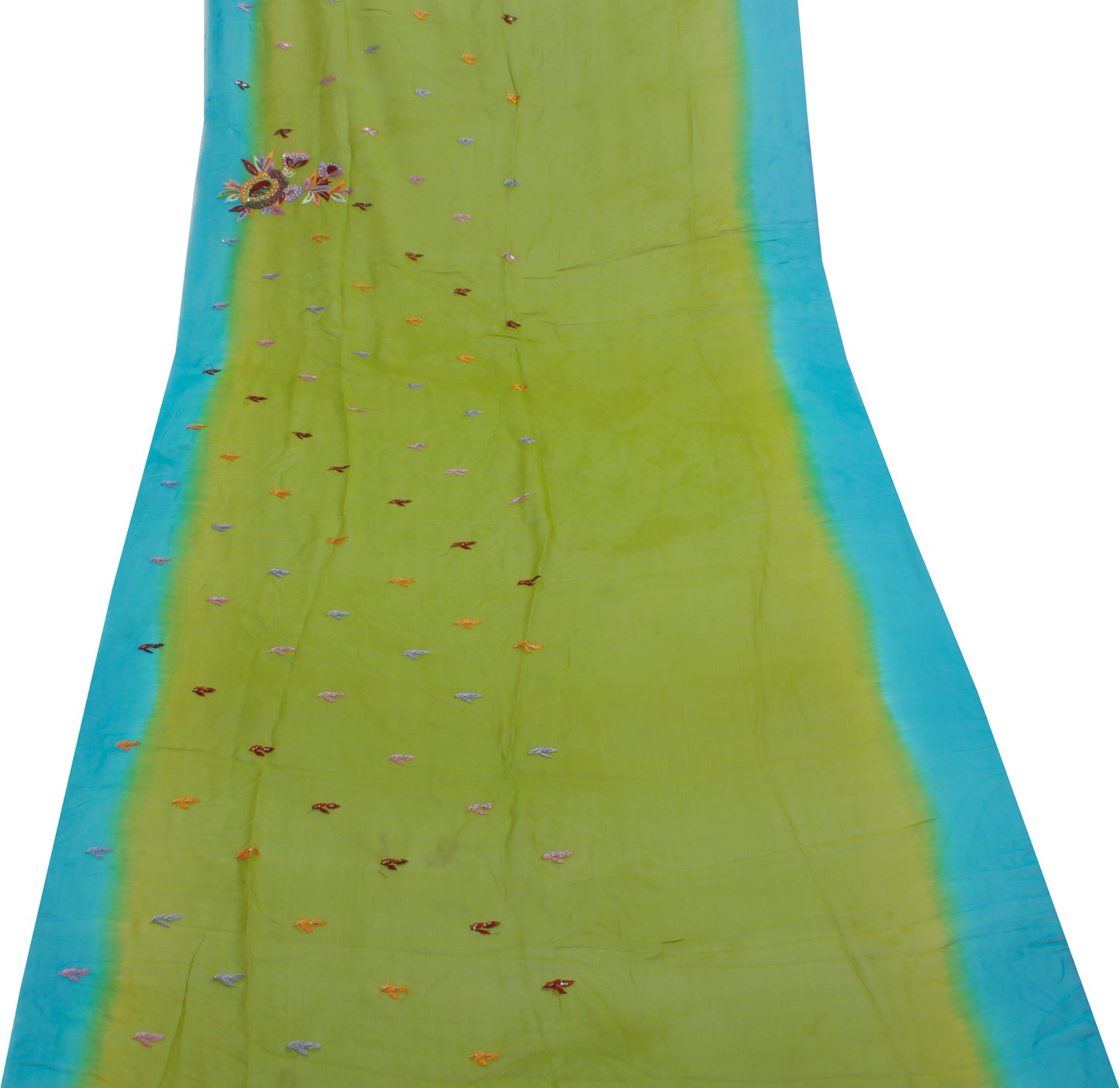 Sushila Vintage Green Sari Remnant Scrap Pure Georgette Embroidered Craft Fabric