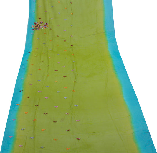 Sushila Vintage Green Sari Remnant Scrap Pure Georgette Embroidered Craft Fabric