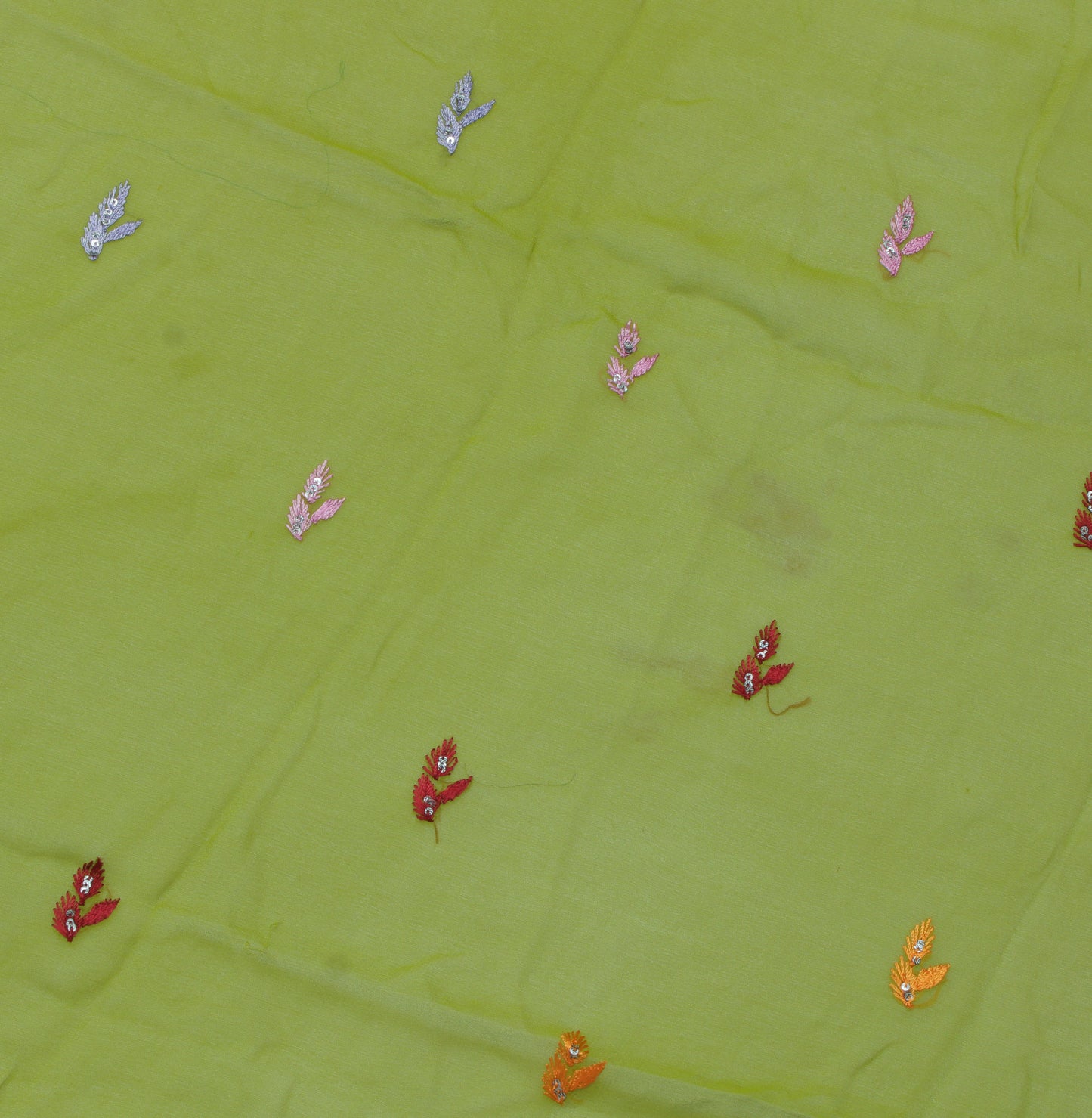 Sushila Vintage Green Sari Remnant Scrap Pure Georgette Embroidered Craft Fabric