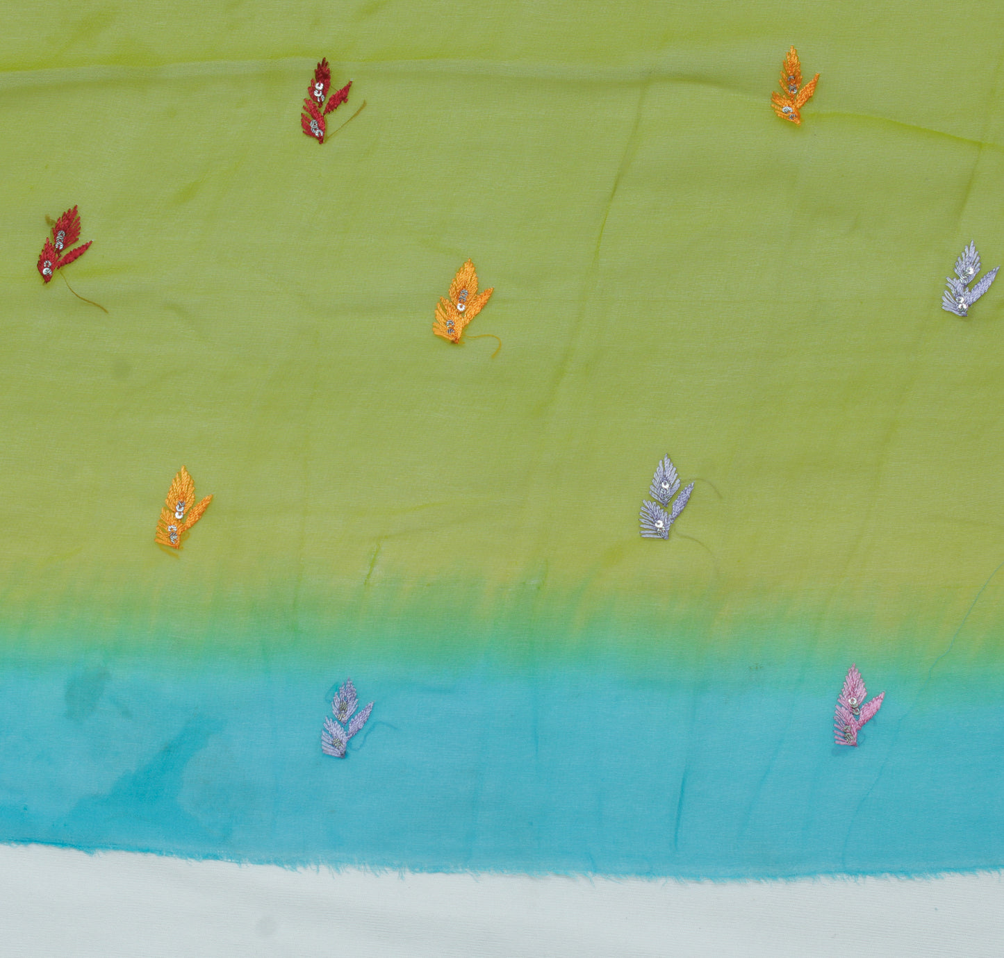 Sushila Vintage Green Sari Remnant Scrap Pure Georgette Embroidered Craft Fabric