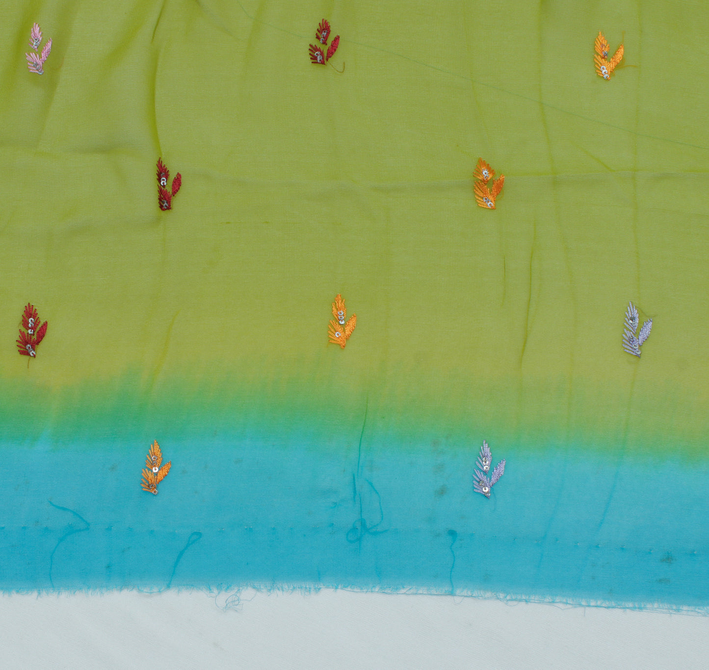 Sushila Vintage Green Sari Remnant Scrap Pure Georgette Embroidered Craft Fabric