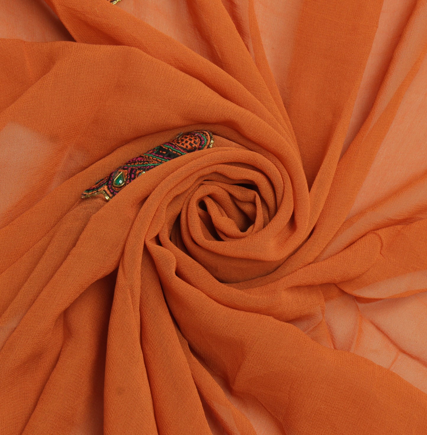 Sushila Vintage Rust Sari Remnant Scrap Pure Georgette Embroidered Craft Fabric