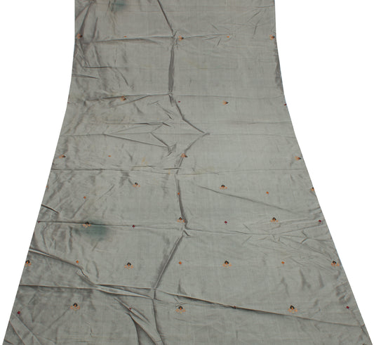 Sushila Vintage Gray Sari Remnant Scrap Pure Silk Hand Embroidered Craft Fabric