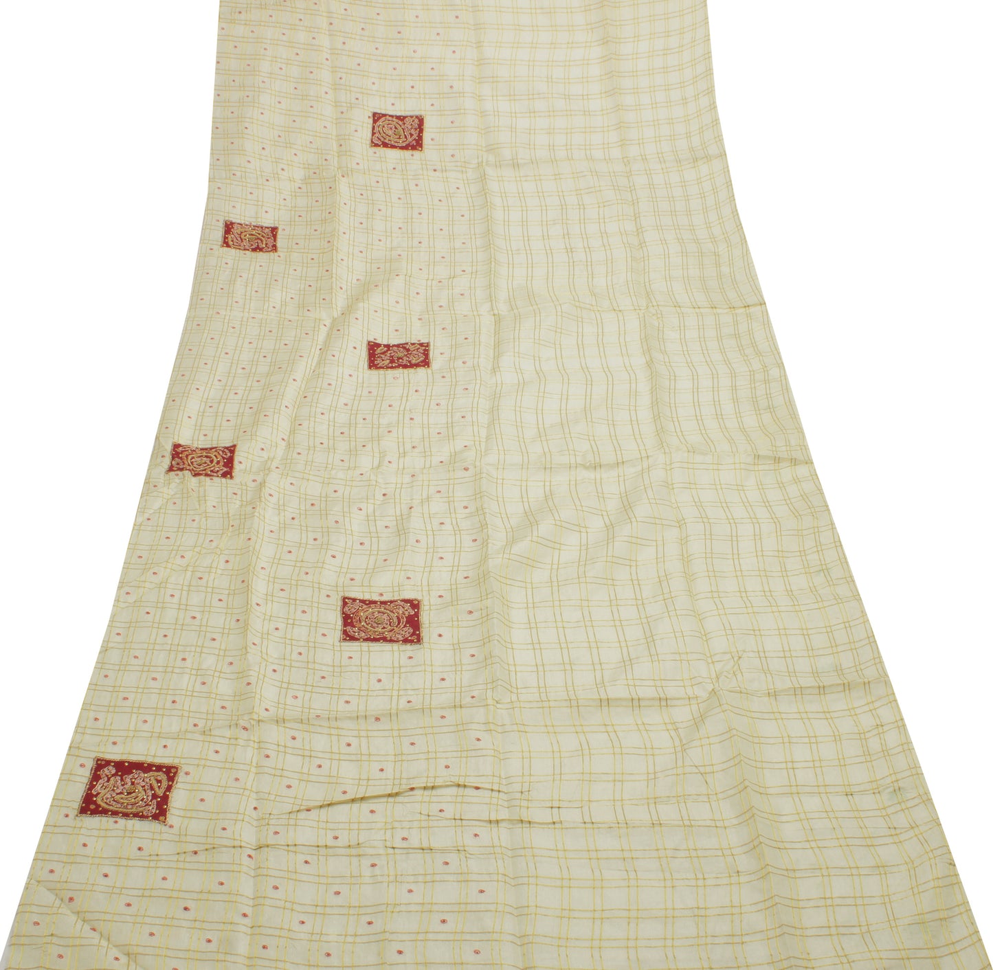 Sushila Vintage Cream Sari Remnant Scrap 100% Pure Silk Woven Craft Fabric