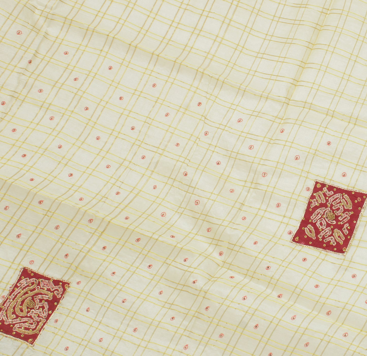Sushila Vintage Cream Sari Remnant Scrap 100% Pure Silk Woven Craft Fabric