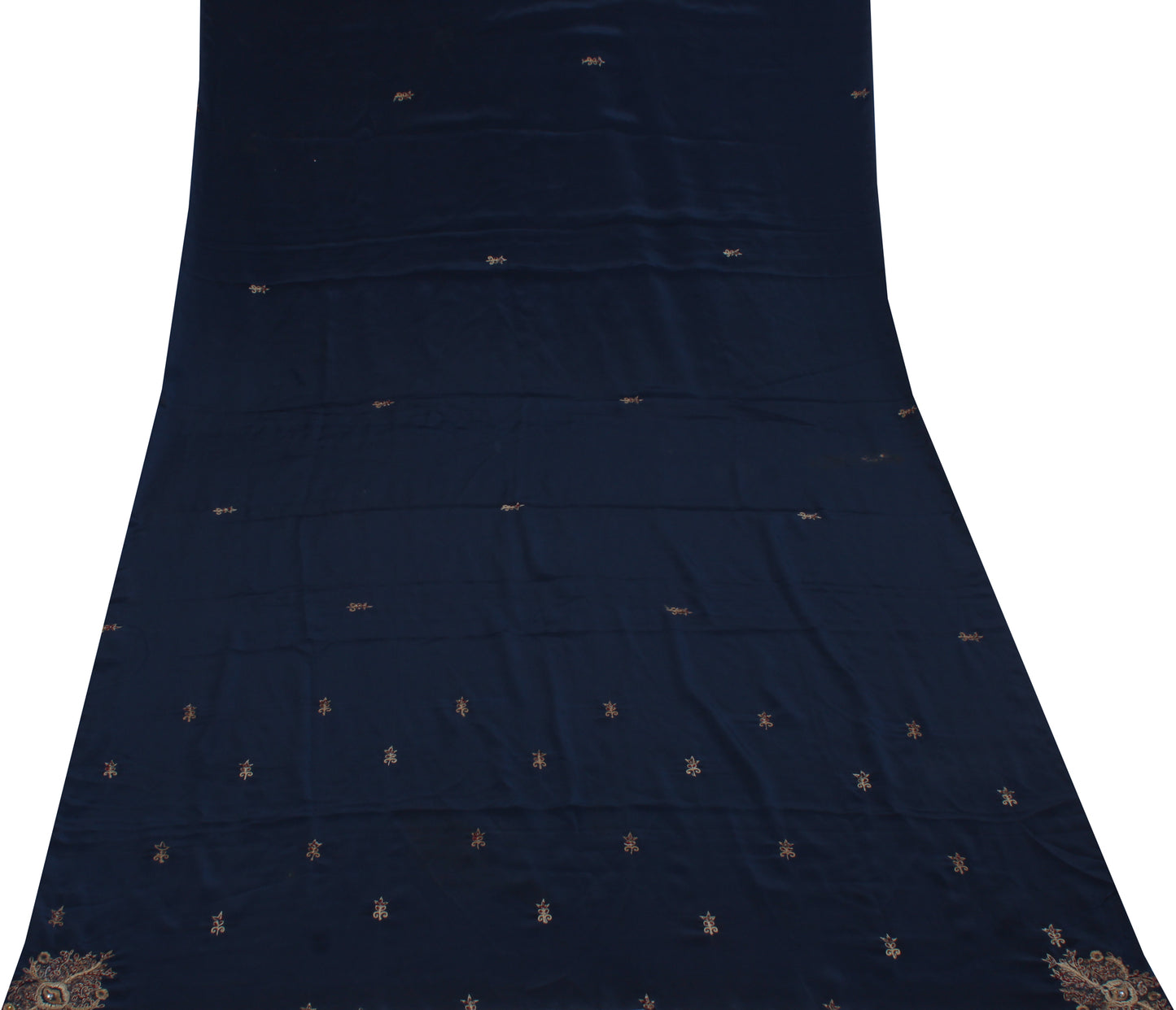 Sushila Vintage Blue Sari Remnant Scrap Blend Crepe Embroidered Craft Fabric