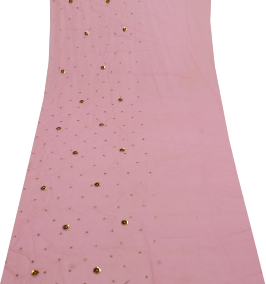 Sushila Vintage Pink Sari Remnant Scrap Blend Georgette Embroidered Craft Fabric